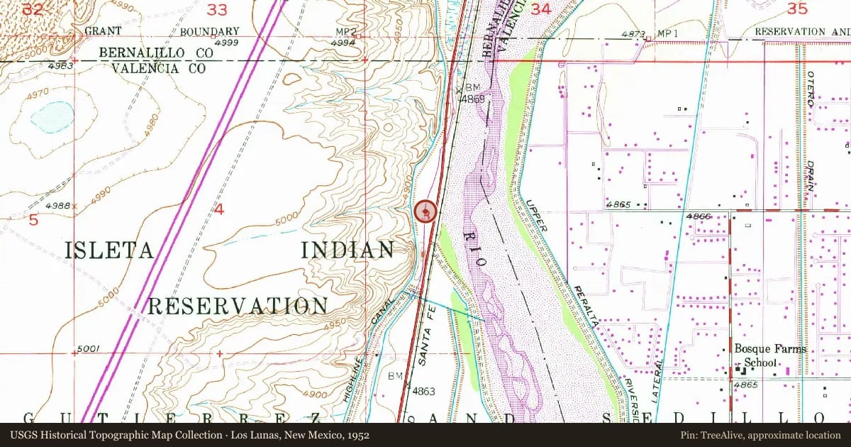 Los Lunas, New Mexico, 1952, covering the location of Vásquez de Coronado’s Route (2), with a pin at the marker's coordinates