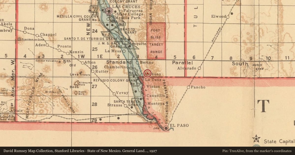 State of New Mexico. General Land Office, 1927, covering the location of Oñate’s Route on the Camino Real, with a pin at the marker's coordinates