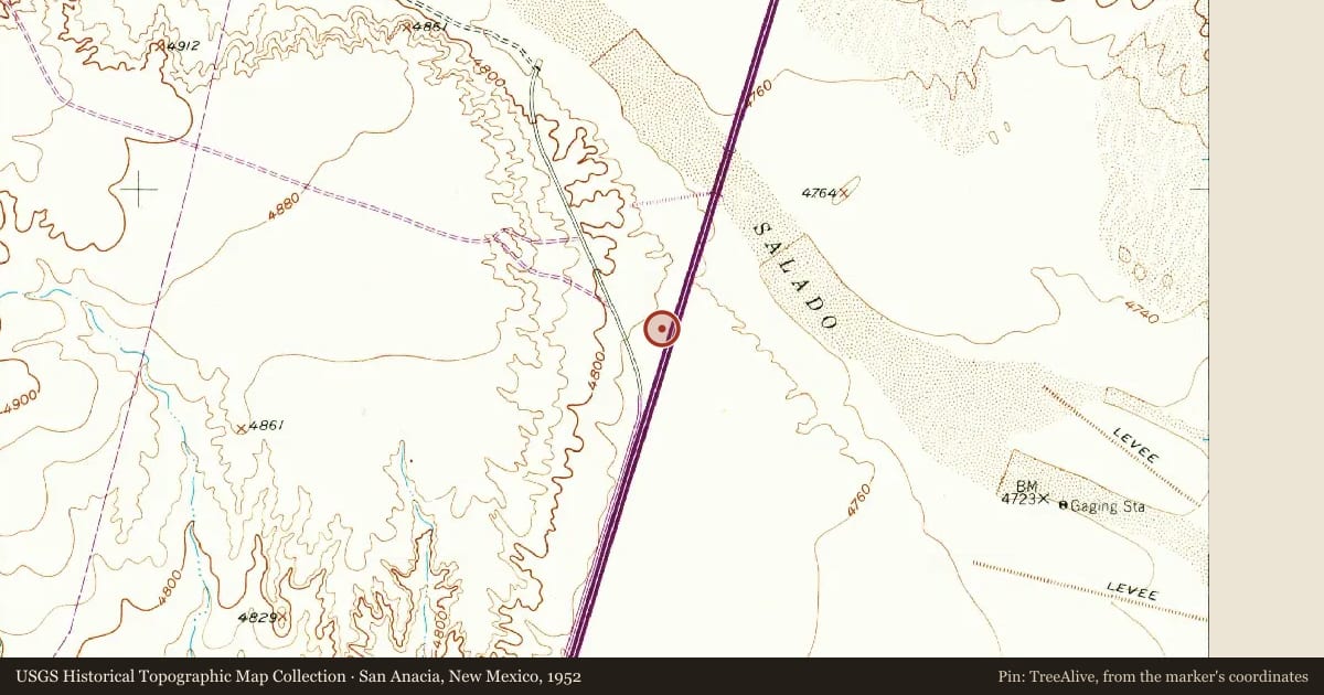 San Anacia, New Mexico, 1952, covering the location of Rio Salado Sand Dunes, with a pin at the marker's coordinates