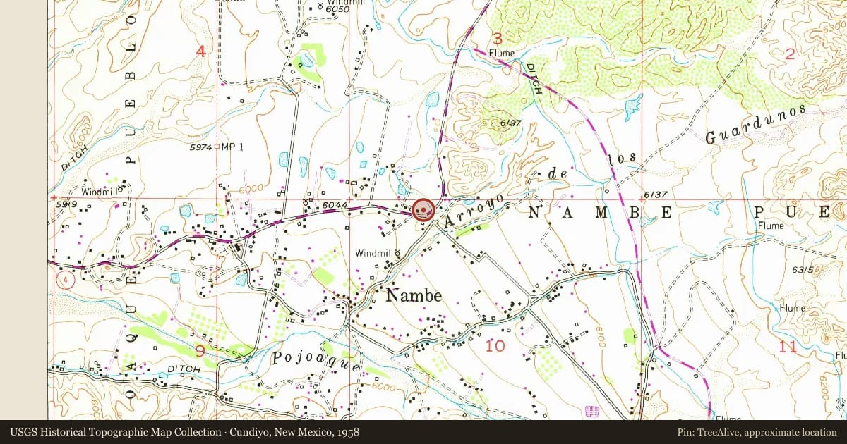 Cundiyo, New Mexico, 1958, covering the location of Virginia Gutierrez (1941-2011), with a pin at the marker's coordinates