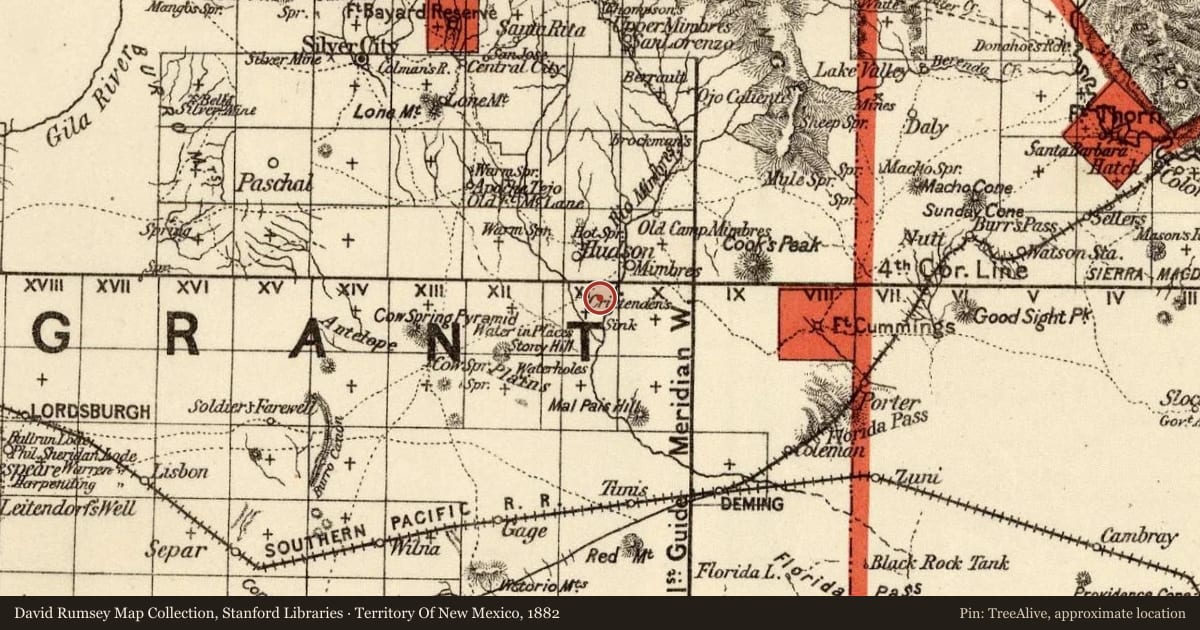 Territory Of New Mexico, 1882, covering the location of Carlotta Thompkins Thurmond "Lottie Deno" (1844-1934), with a pin at the marker's coordinates