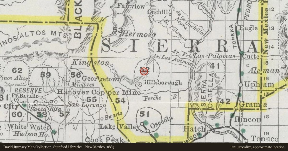 New Mexico, 1889, covering the location of Sadie Orchard (1860-1943), with a pin at the marker's coordinates
