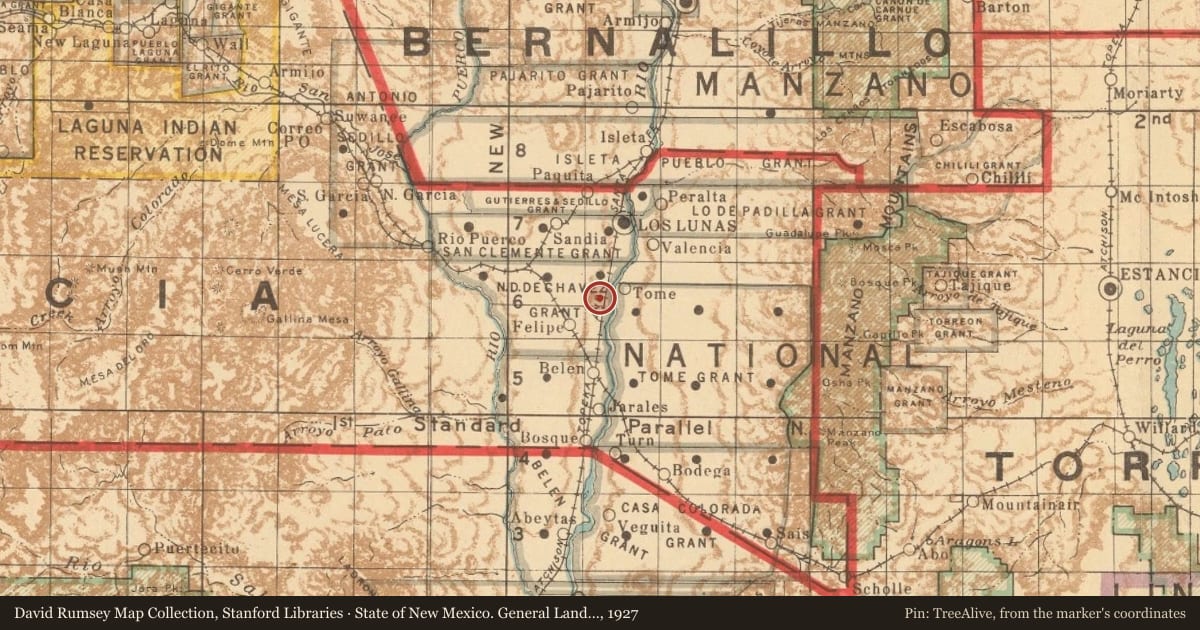 State of New Mexico. General Land Office, 1927, covering the location of Belén on the Camino Real (1), with a pin at the marker's coordinates
