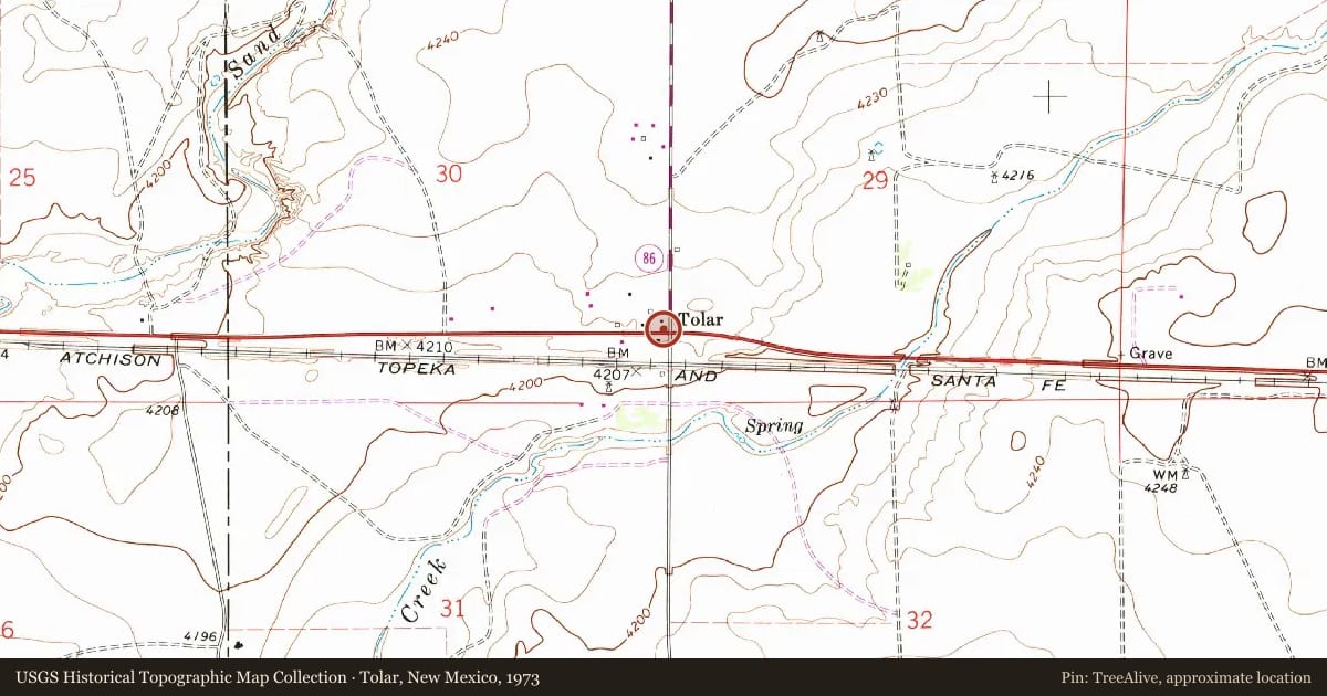 Tolar, New Mexico, 1973, covering the location of Explosion Rocks Tolar, with a pin at the marker's coordinates