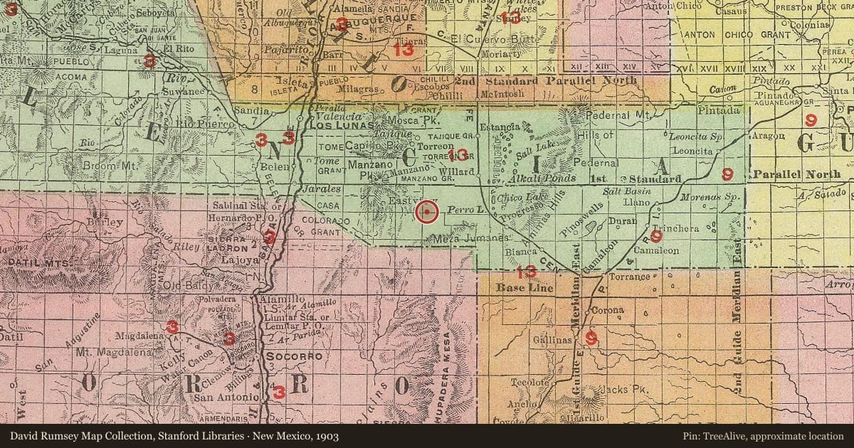 New Mexico, 1903, covering the location of Mountainair (1), with a pin at the marker's coordinates