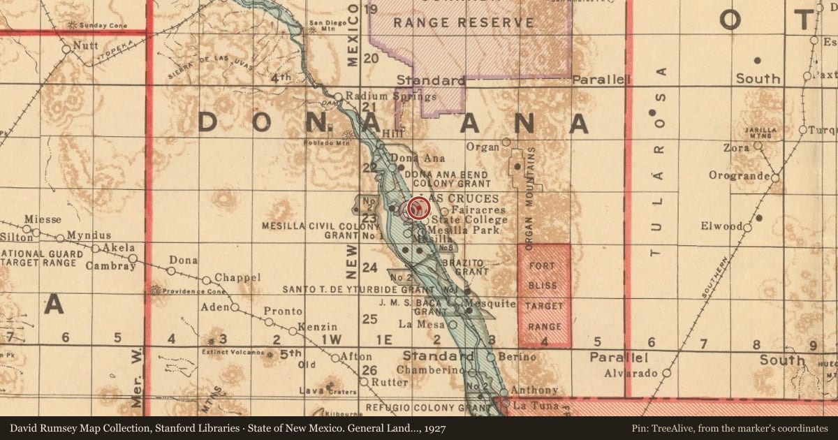 State of New Mexico. General Land Office, 1927, covering the location of Doña Ana County Courthouse, with a pin at the marker's coordinates