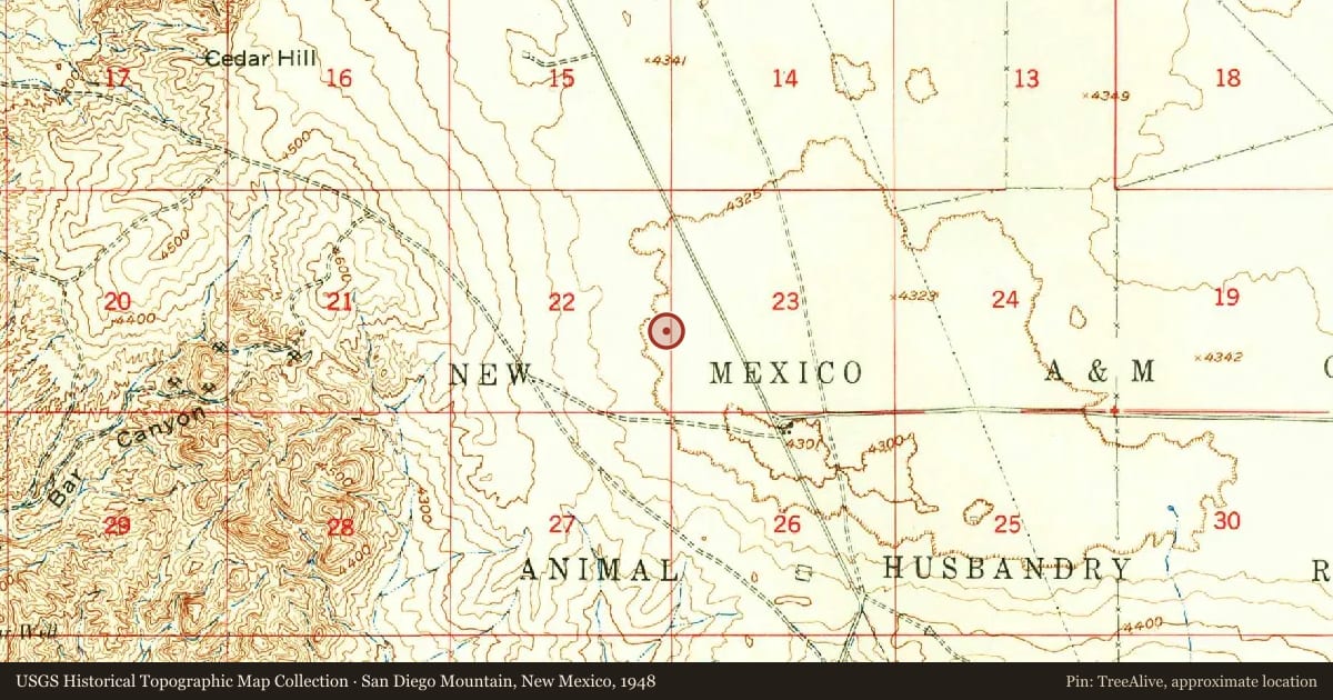 San Diego Mountain, New Mexico, 1948, covering the location of Jornada del Muerto (1), with a pin at the marker's coordinates