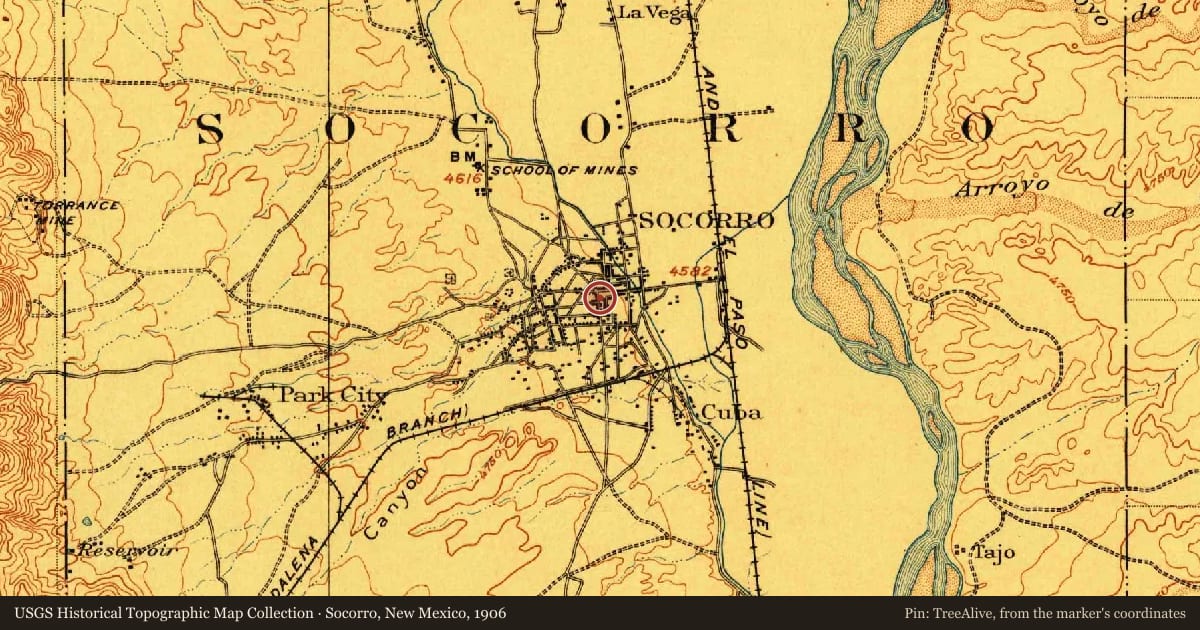 Socorro, New Mexico, 1906, covering the location of Jumbo, with a pin at the marker's coordinates