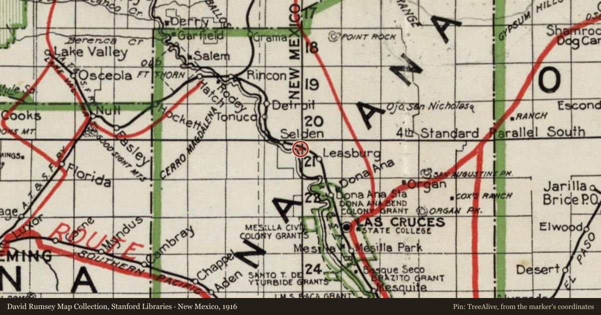 New Mexico, 1916, covering the location of Leasburg Dam State Park, with a pin at the marker's coordinates