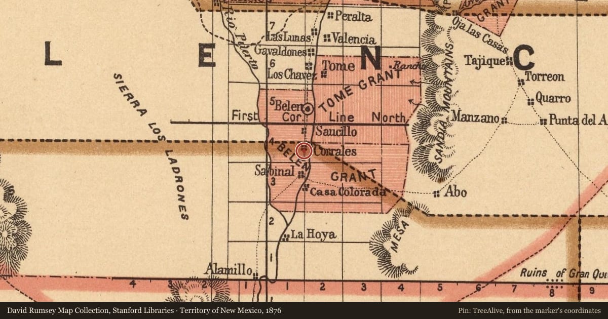 Territory of New Mexico, 1876, covering the location of Casa Colorada, with a pin at the marker's coordinates