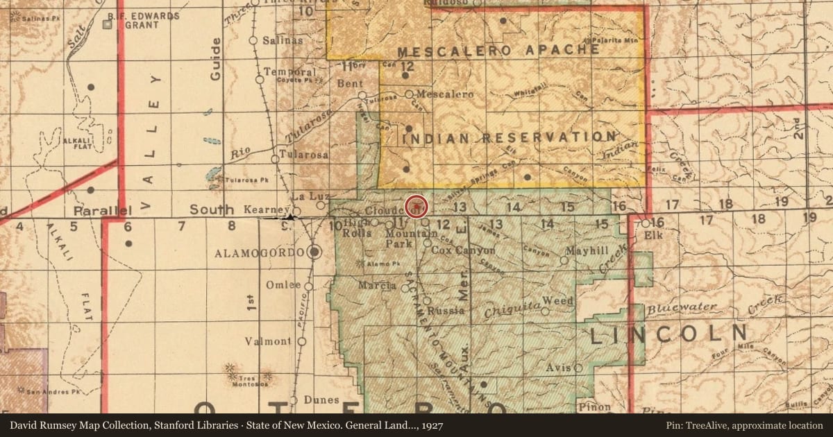 State of New Mexico. General Land Office, 1927, covering the location of Mexican Canyon Trestle, with a pin at the marker's coordinates